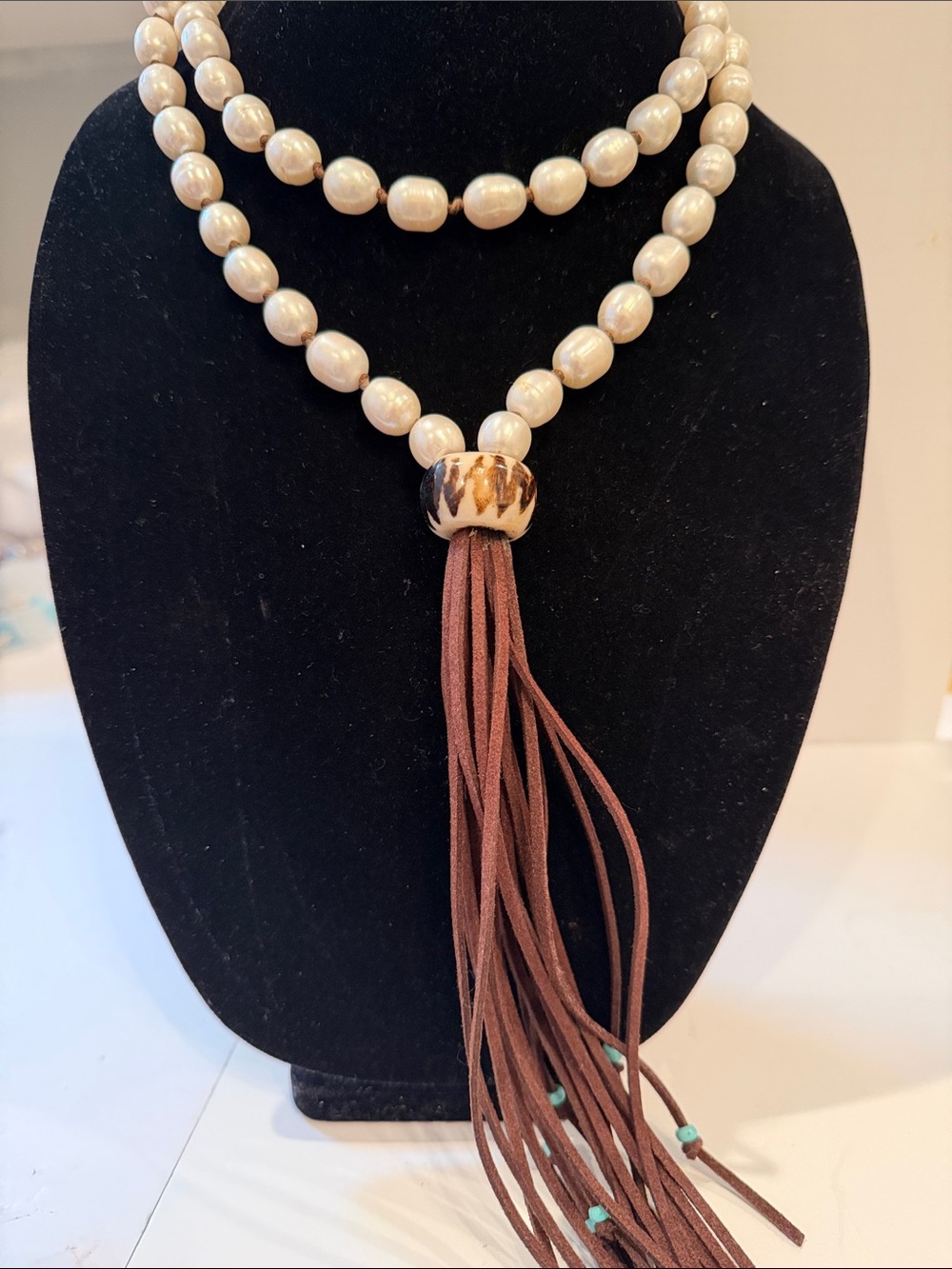 Pearl Beaded Tassel Necklace in White with Brown Tassel 60” hand knotted pearls